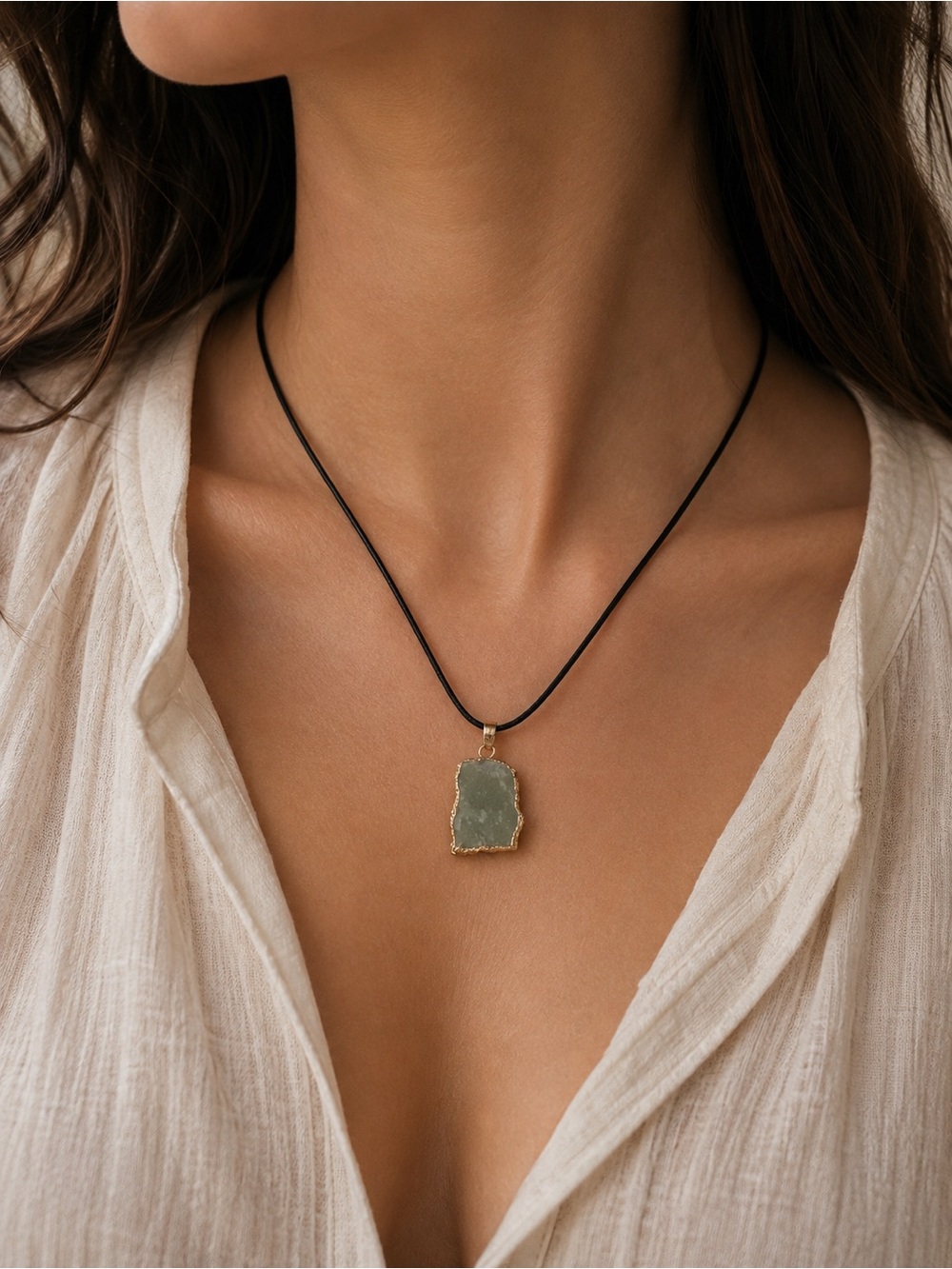 Green Natural Stone Pendant Necklace Gold Tone Black Cord